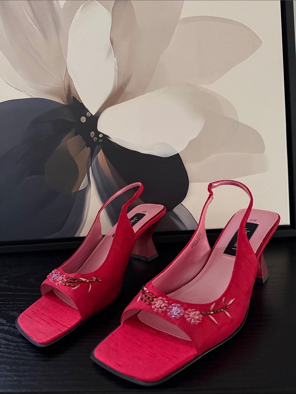 Vintage Jasmin Red Embroidered and Beaded Square Toe and Heel Shoes